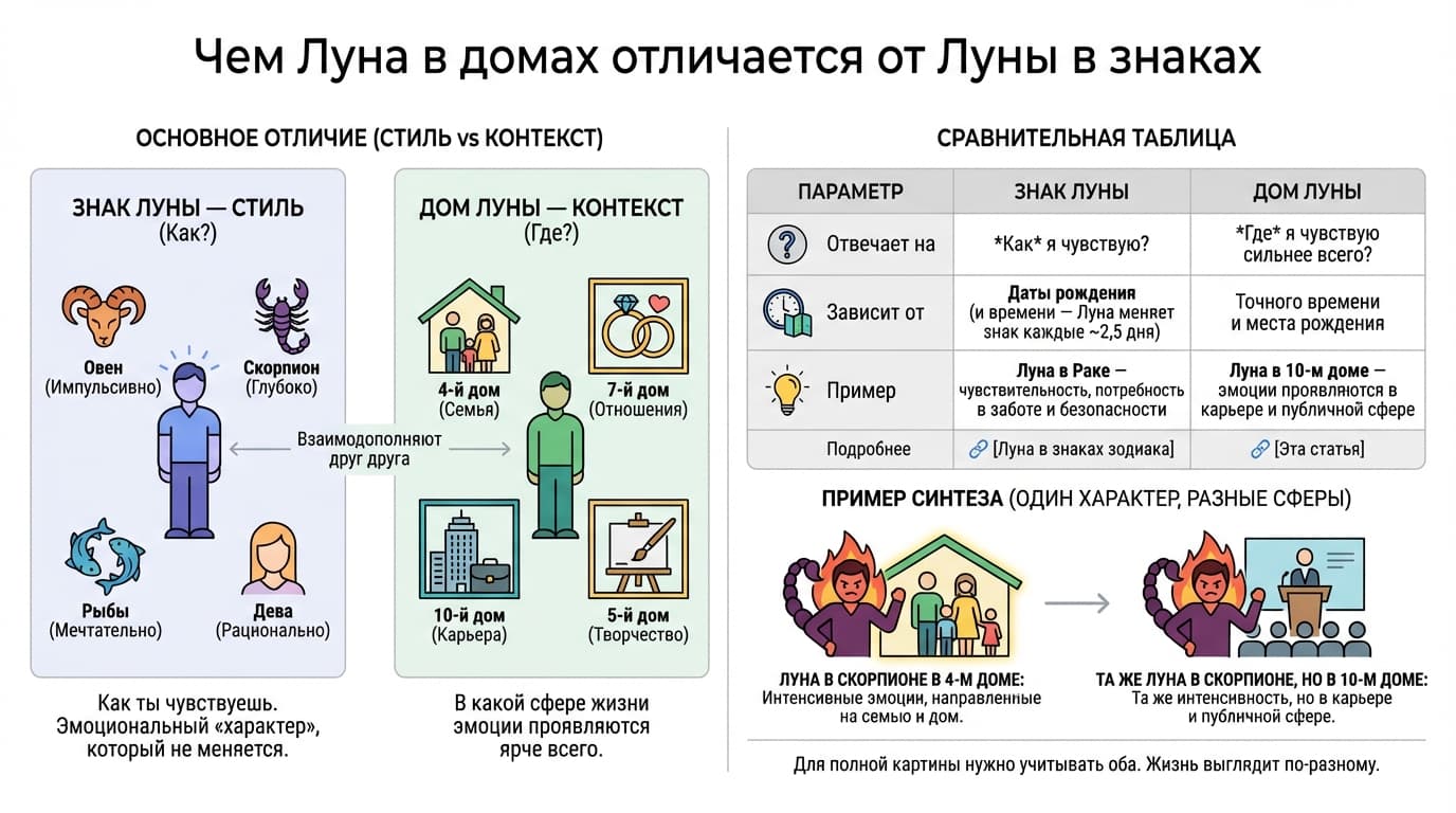 Чем Луна в домах отличается от Луны в знаках