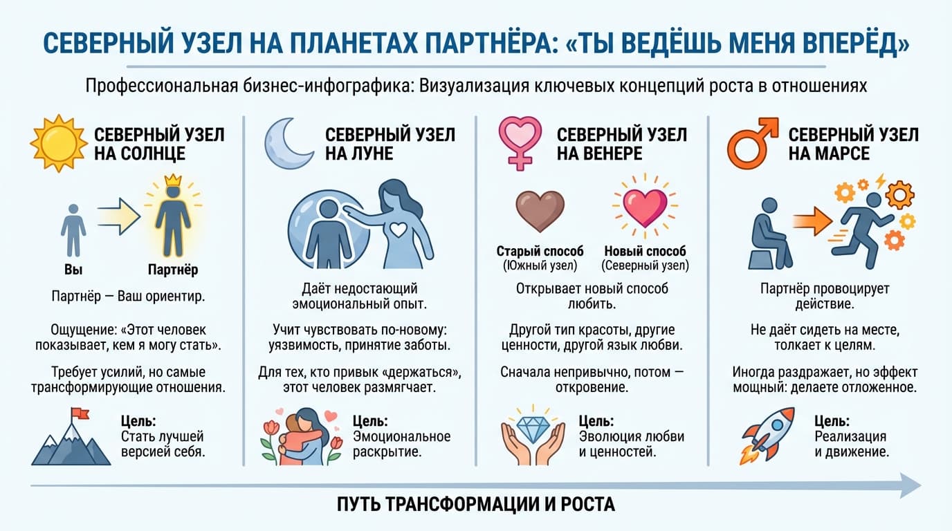 Северный узел на планетах партнёра: «ты ведёшь меня вперёд»