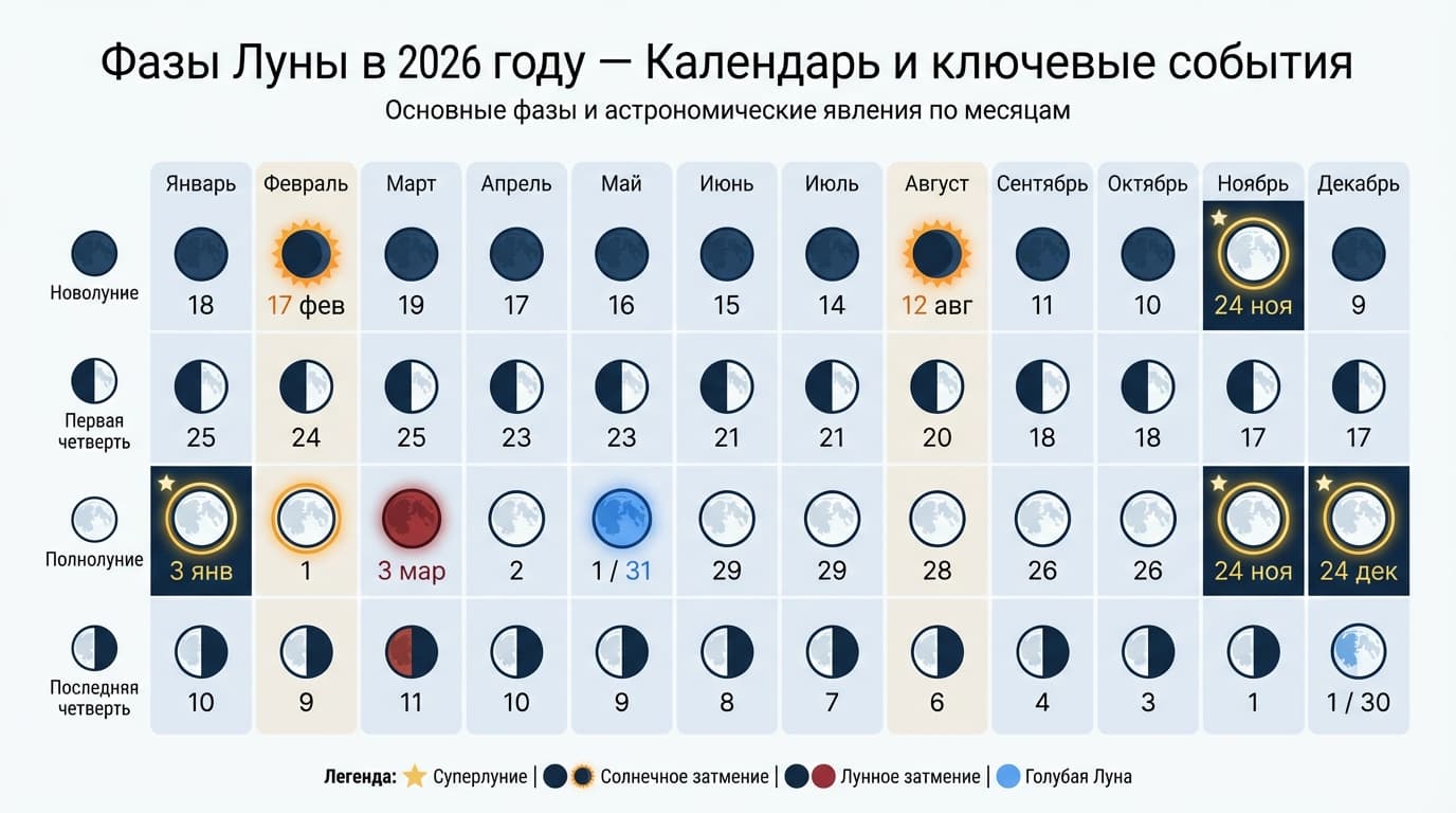 Фазы Луны 2026, полная таблица новолуний и полнолуний