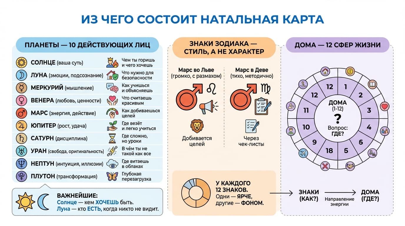 Из чего состоит натальная карта: планеты, знаки, дома и аспекты