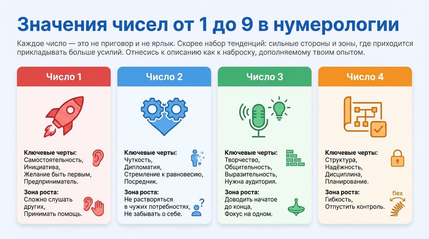 Значения чисел от 1 до 9 в нумерологии
