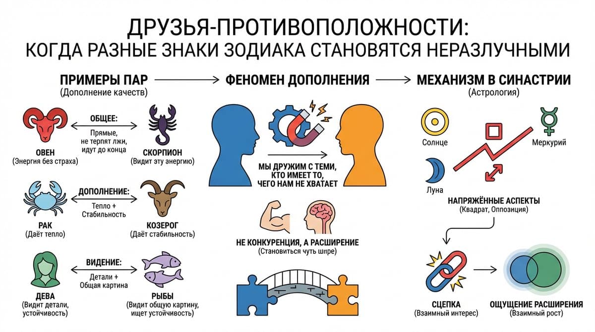 Друзья-противоположности: почему непохожие знаки крепко дружат