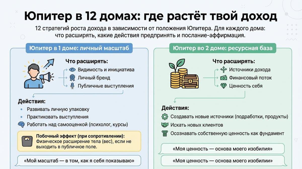 Юпитер в 12 домах: где растёт ваш доход