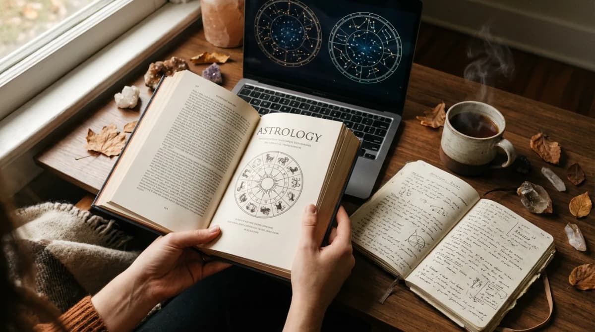 Книга об астрологии и ноутбук со звёздными картами