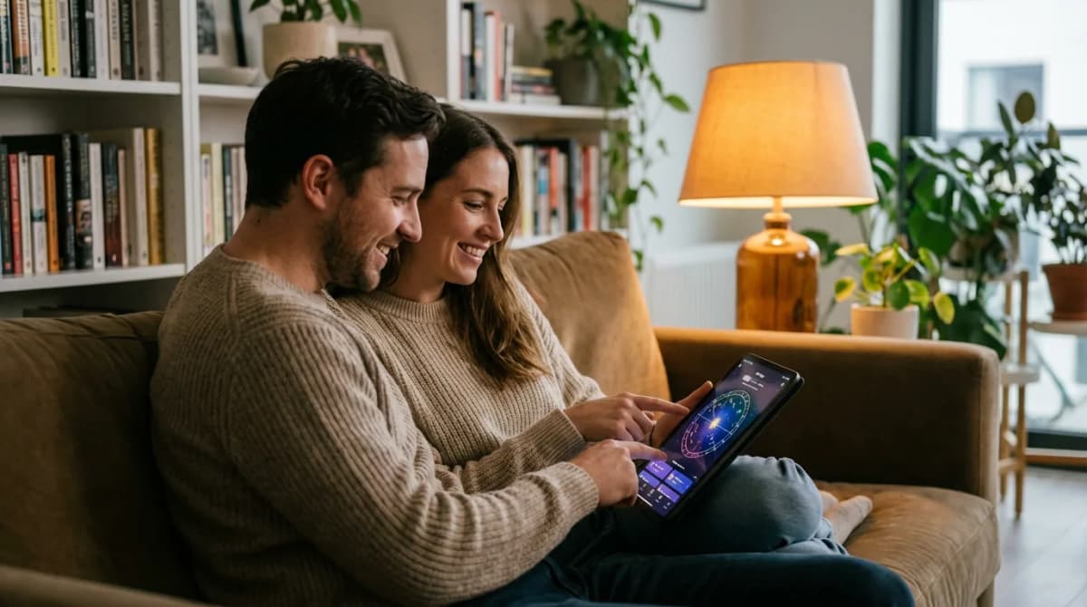 Пара изучает астрологию вместе на планшете